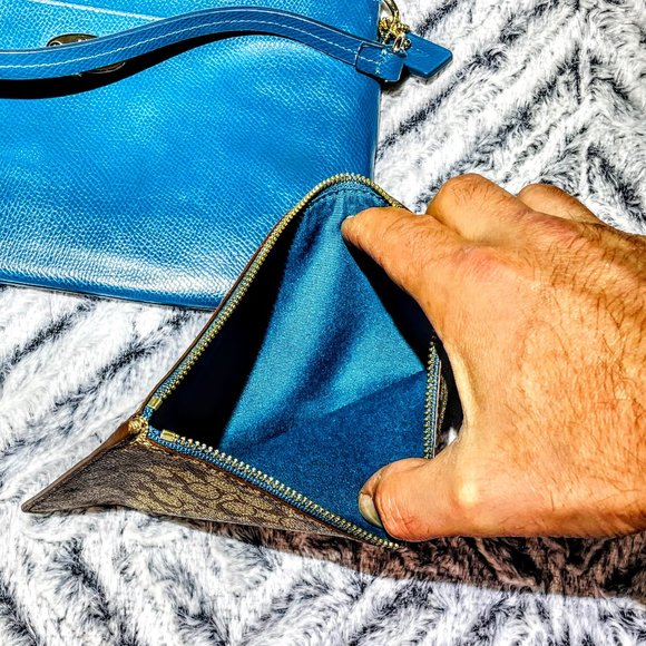 NWOT - COACH (LIGHT GOLD/TEAL) EAST/WEST W/SIGNATURE POP-UP POUCH (F52598) - Picture 10 of 10